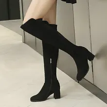 Женские сапоги до колена на толстом каблуке с круглым носком; коллекция года; зимние высокие сапоги на меху; женские сапоги из флока; цвет коричневый, черный, серый; мотоботы