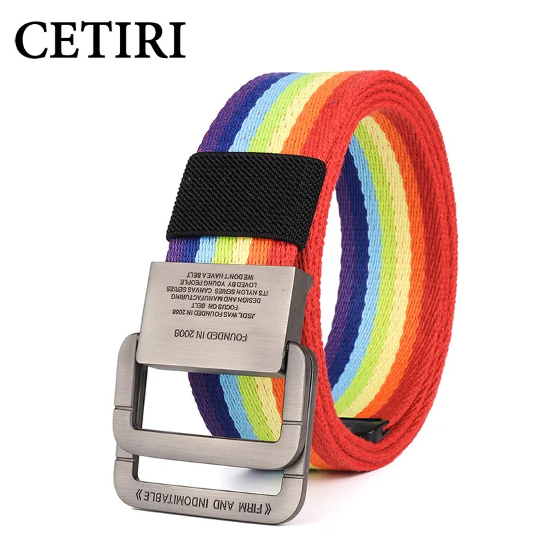 

CETIRI 3.7cm Fashion Women Men Canvas Belt Colorful Rainbow Black Double Buckle Belt Long Nylon Cowboy Belt Female Belts 2018