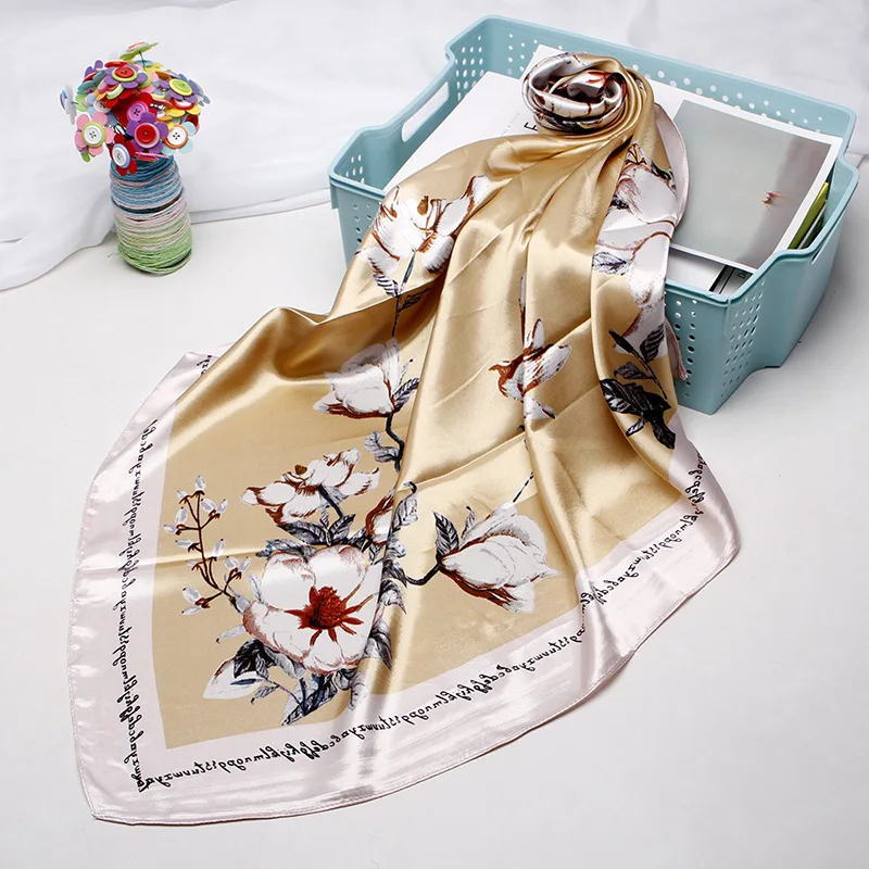 

Fashion Pink Yellow Hair Scarf For Women Floral Print Silk Satin Hijab Scarfs 90*90cm Square Neckerchief Scarves For Ladies 2019