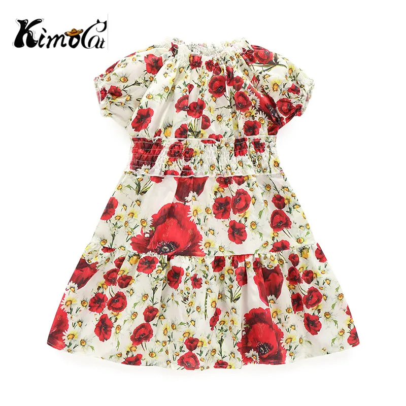 

Kimocat new Spring and autumn cotton short sleeves red rose print shigh quality flower girl dresses