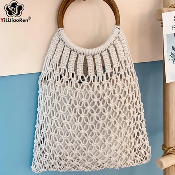 

Fashion Cotton Fabric Handbags Hollow Out Women Summer Beach Bag Large Shoulder Bag Female Bohemian Handmade Woven Bags Sac 2019