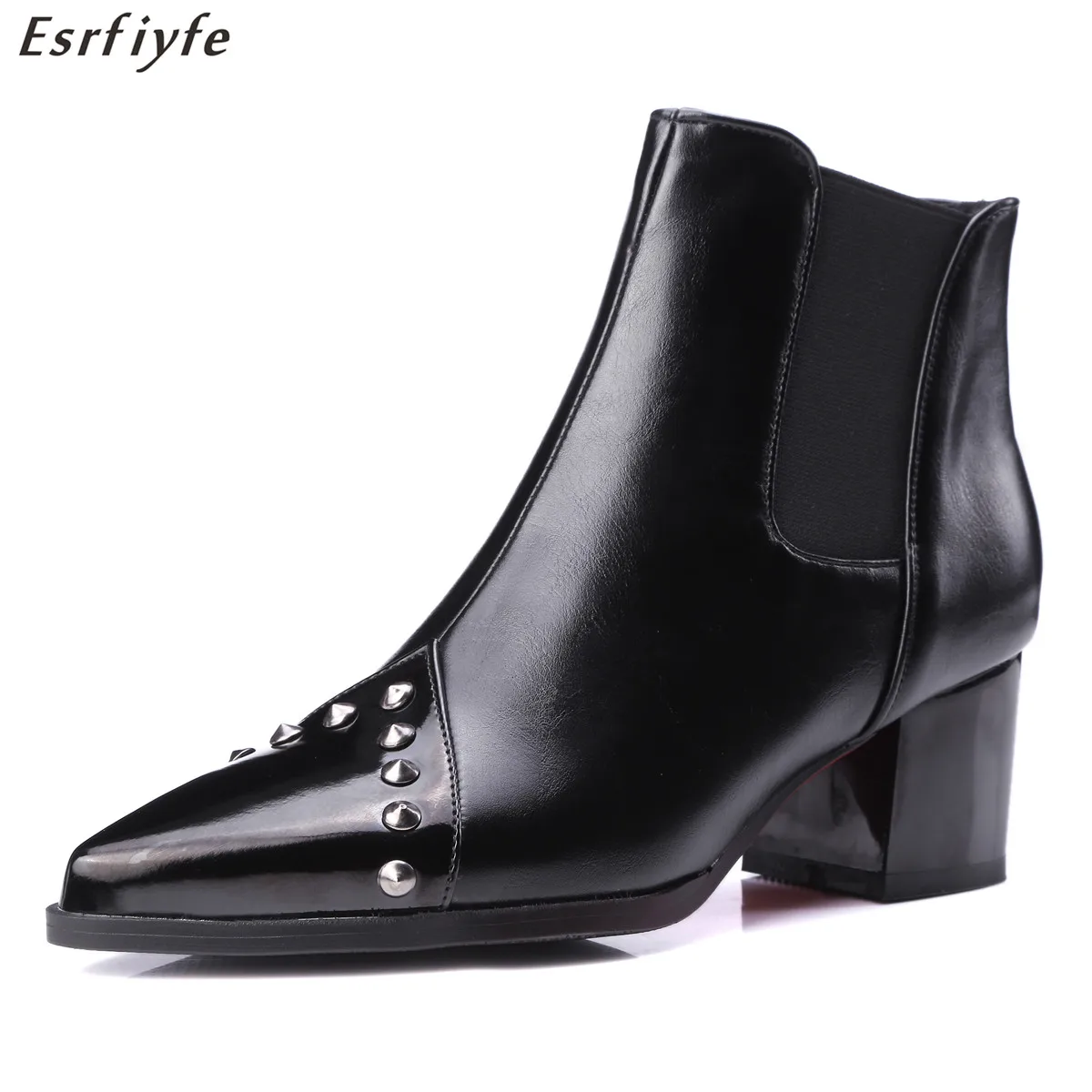 

ESRFIYFE New Women Studded Ankle Boots Pointed Toe Square Heel Ankle Boots for Women Fashion PU Leather High Heel Women Shoes
