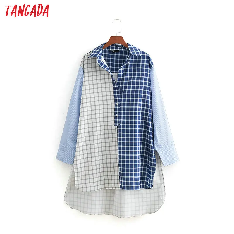 

Tangada woman plaid blouse oversize patchwork asymmetric turn down collar long sleeve 2019 ladies loose cozy shirt CC407