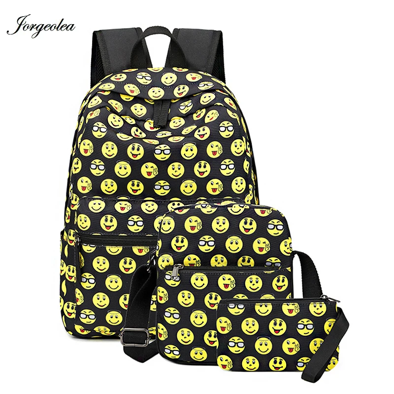 

Jorgeolea 3 Pieces Emoji Smile Face Backpack Women Shoulder Backpack Student School Bag Nylon Labtop Rucksack 0821