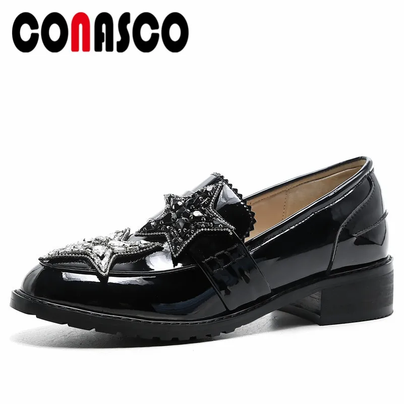 

CONASCO Top Quality Women Thick High Heeled Pumps Rhinestone Sexy Party Prom Dancing Shoes Woman Round Toe Cow Leather Pumps