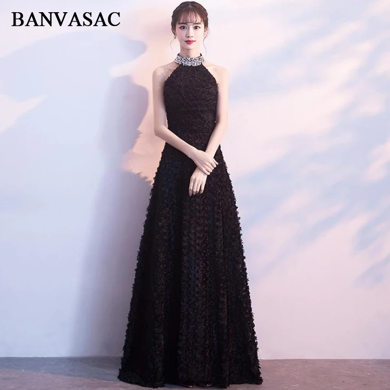 

BANVASAC 2018 Crystal Halter Fur A Line Long Evening Dresses Elegant Party Lace Off The Shoulder Backless Prom Gowns