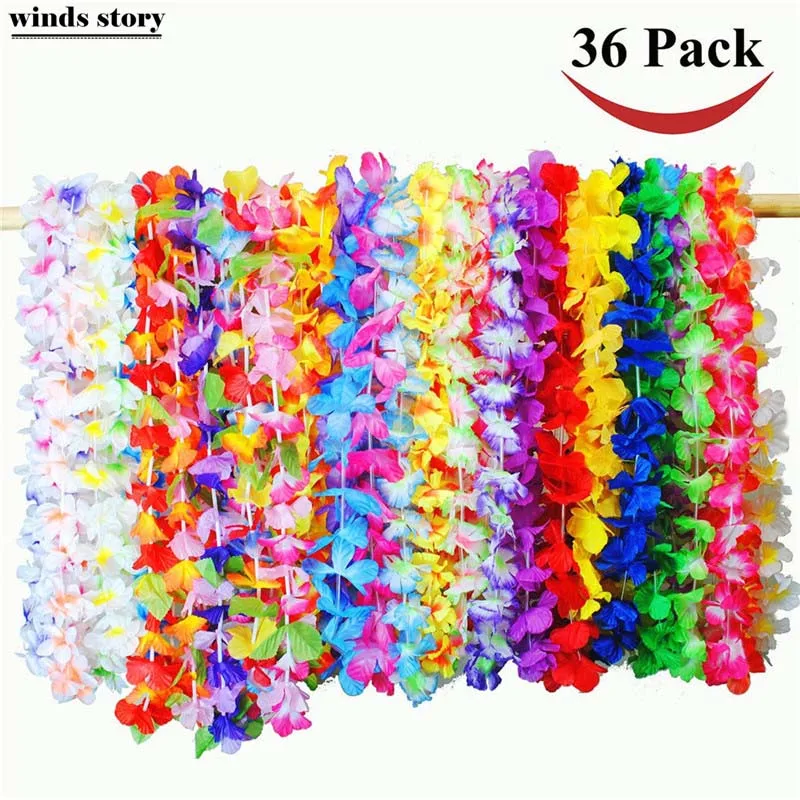 

36 Counts Tropical Hawaiian Luau Flower Lei Party Favors Decoration 14 x 3 x 11 inches Hawaii Garland Necklace Colorful Flower