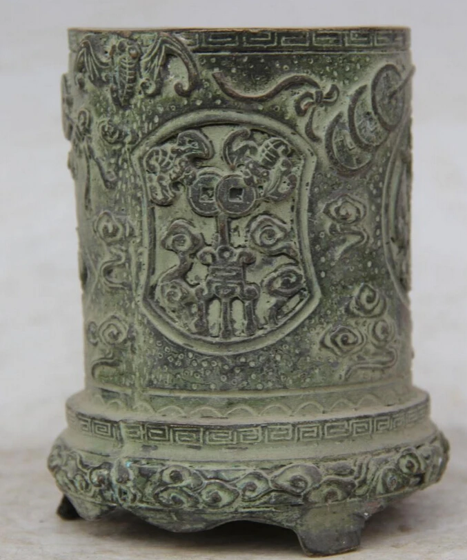 

S2452 5 Old Chinese Dynasty palace Bronze circular Wealth bat Brush Pot pencil vase D0317