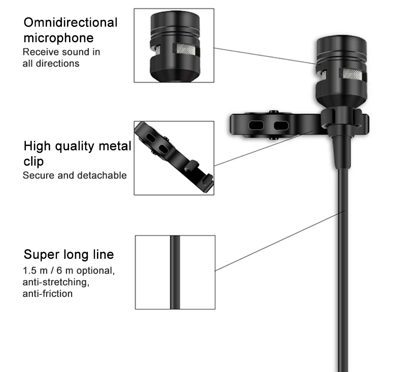 6 m/1,5 двухголовый петличный нагрудный клип-на микрофон для лекции или интервью для смартфона мобильного телефона и планшетов