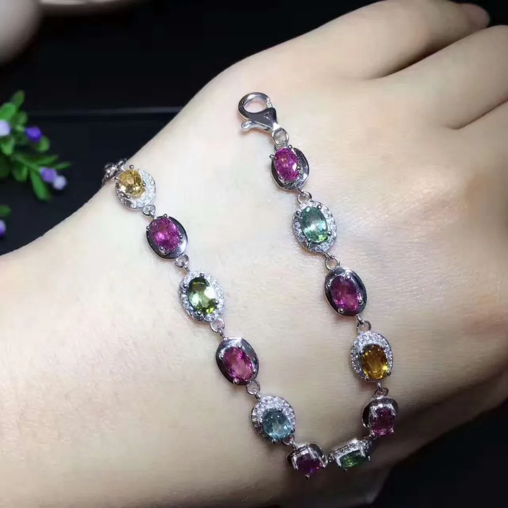 Bracelet en tourmaline naturelle multicolore Bracelet en pierres précieuses naturelles 925 bracelet
