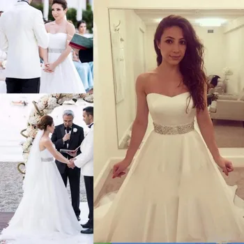 

Strapless A-line Beach Wedding Dresses Beaded On Waist Tulle Zipper Back Theme Bridal Wedding Gowns Vestidos De Novia