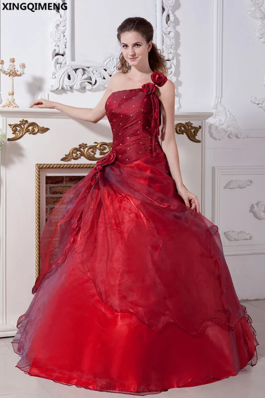 פרחים אחת כתף Quinceanera שמלות יין אדום אלגנטי vestidos דה 15 anos מתוק 16 שמלות פורמלית שמלות חרוזים כדור שמלה