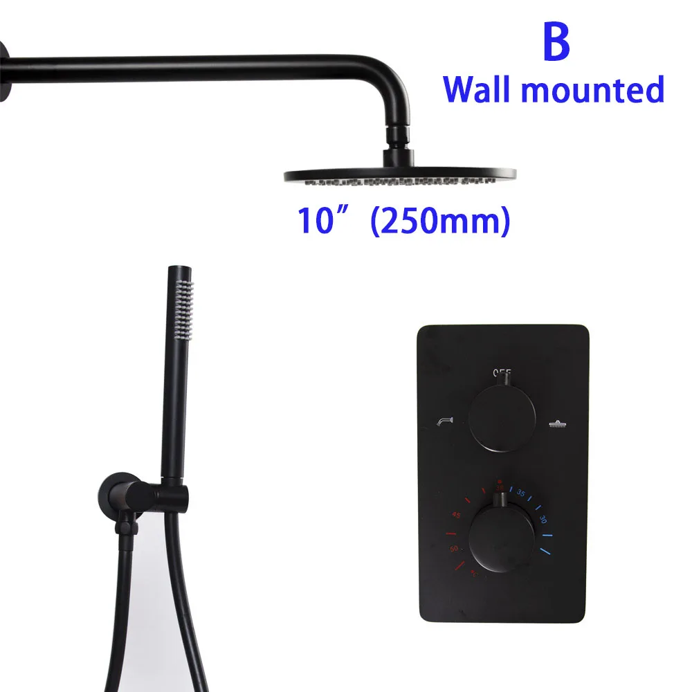 Матовый черный Термостатический смеситель для ванной комнаты, латунный душевой набор для ванной, настенный и потолочный круглый дождевой душевой комплект - Цвет: Wall mounted  10