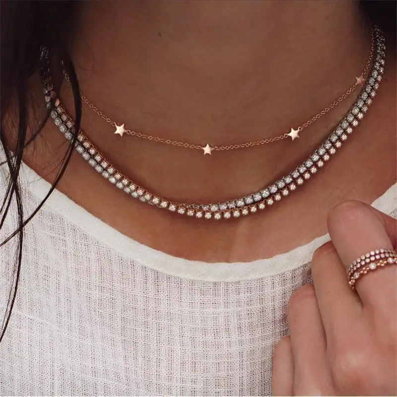 

3 Pcs/set Simple Women Necklace Five Pointed Star Double Row Crystal Multilayer Gold Necklace Set Lady Wedding Party Jewelry