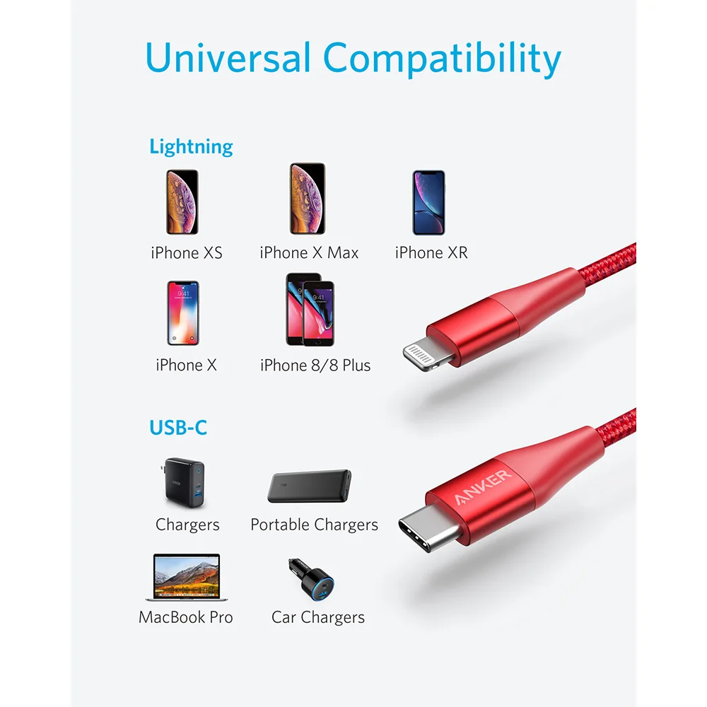 Pаспродажа Anker font b USB b font C к кабелю Lightning, Apple Mfi Сертифицированный, power line + II нейлоновая оплетка, для iPhone X XS XR и т. Д., поддерживает доставку питания