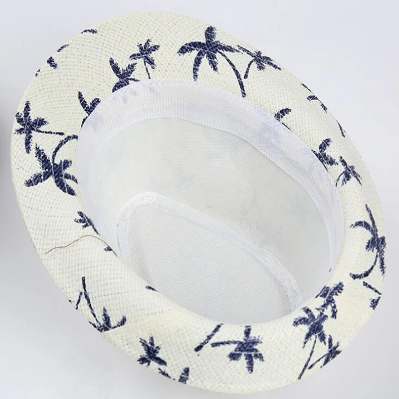 Unisex Summer Panama Straw Beach Caps Breathable Coconut Trees Print Vacation Sunshade Fedora Hat Short Brim Sports Sun Caps7