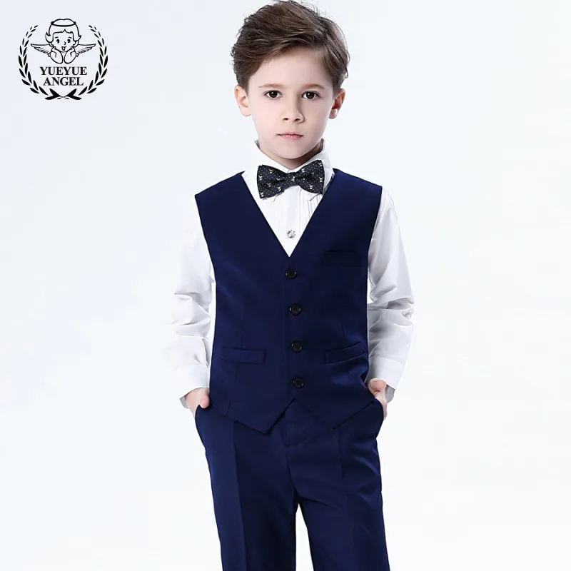 

Fashion Kid Boys Pants Vest Shirts Bow Tie Formal Uniform Wedding Dress Suit Stage Show Outfits Children Clothes Sets Ensemble