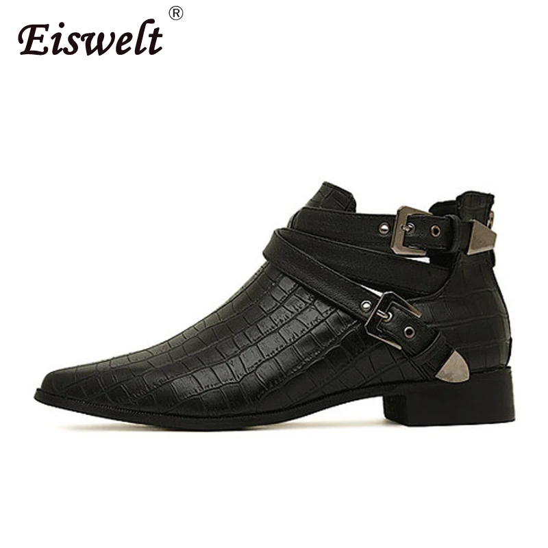 

EISWELT Women's Leather Ankle Boots Fashion Pointed Toe Buckle Crocodile Pattern Boots Women Spring Autumn Shoes#ZQS120