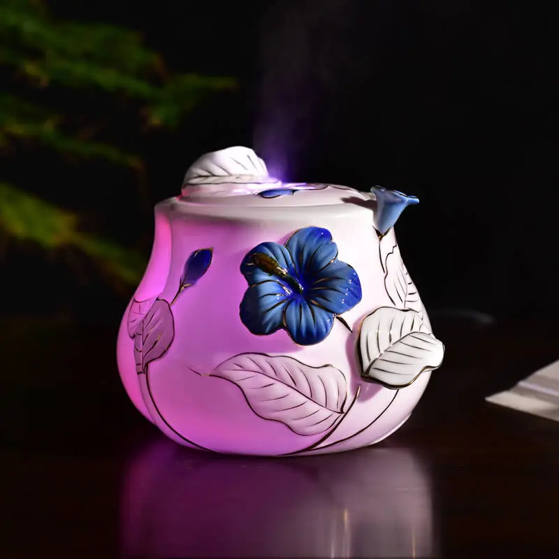 

Portable Ceramic Essential Oil Aromatherapy Diffuser Flower Painted USB Ultrasonic Air Aroma Humidifier With 7 Colors Light