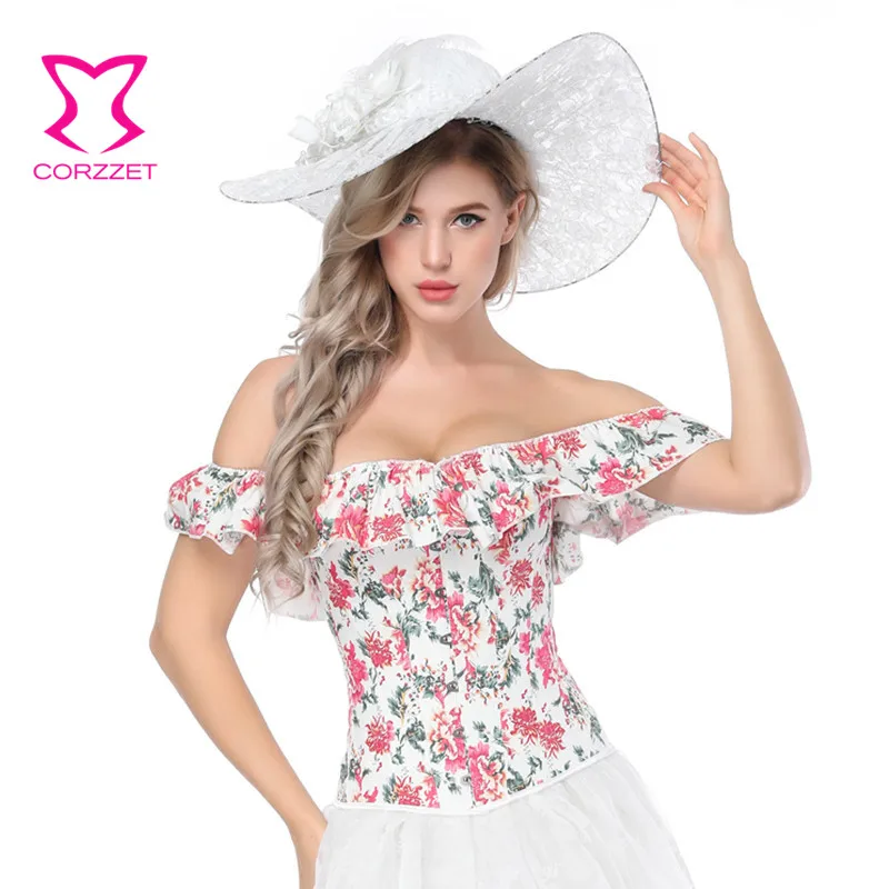 Women Off Shoulder Ruffles Floral Overbust Bustier Top Corsets and