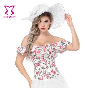 

Women Off Shoulder Ruffles Floral Overbust Bustier Top Corsets and Bustiers Gothic Sexy Corsets Slimming Short Sleeve Clothes