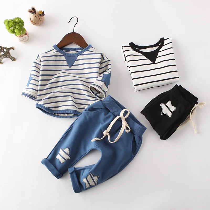 

2019 Spring Baby Boys Clothing Set 2pcs Long Sleeve Striped Shirt+ Star Elastic Waist Pants Children Kids Gym Suit Hot Sale