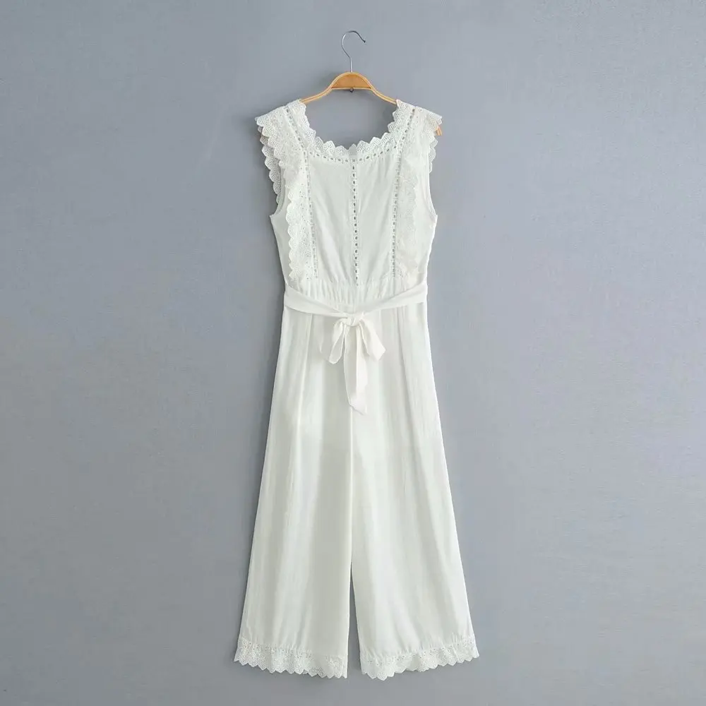 

Sexy backless women summer jumpsuits high streetwear summer rompers lace patchwork wide leg summer sleeveless jumpsuit with belt