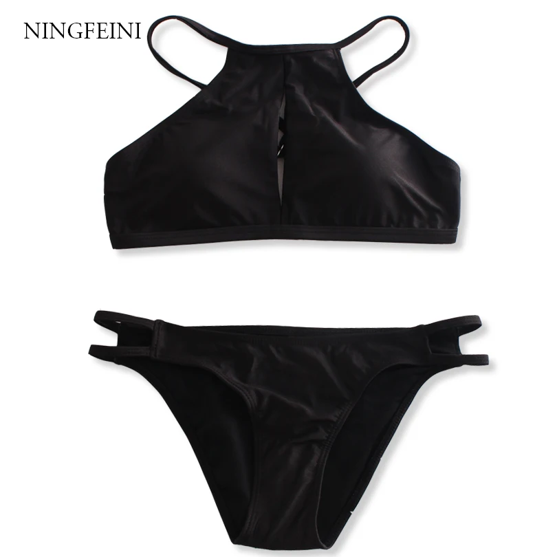 

NINGFEINI 2018 High Neck Bikini Bandeau Hollow Out Women Swimwear Female Swimsuit Solid Bandage Biquini Bikini Set Bathing Suit