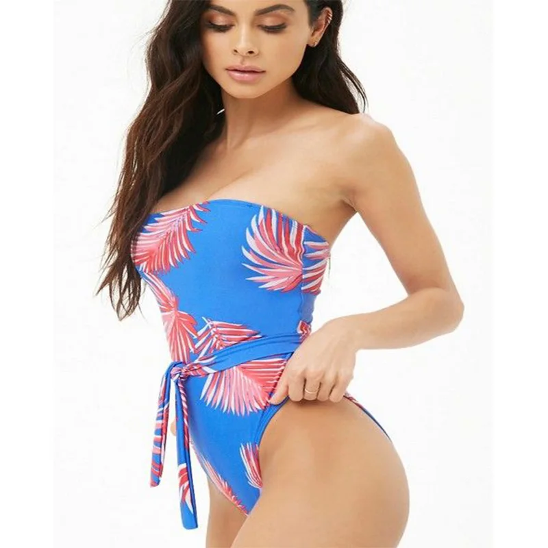 

2019 INS Hot Sale Blue Leaf Swimsuit Flower Print Halter Bikini set Sexy Lace Up Bandeau Retro One Piece Swimwear Vacation Party