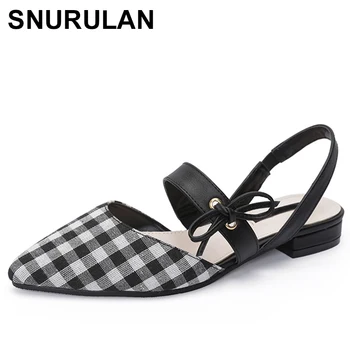 

SNURULAN2018 Sweet Women Closed Toe Checkered Low Heel Sandals Plus Size Flock plaid Pointy Flat Sandal Pink ShoeSandalias Mujer