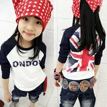 2016 Girls Boys T-shirt children’s clothes rice word flag boys and girls long-sleeved T-shirt stitching casual t shirt bottoming