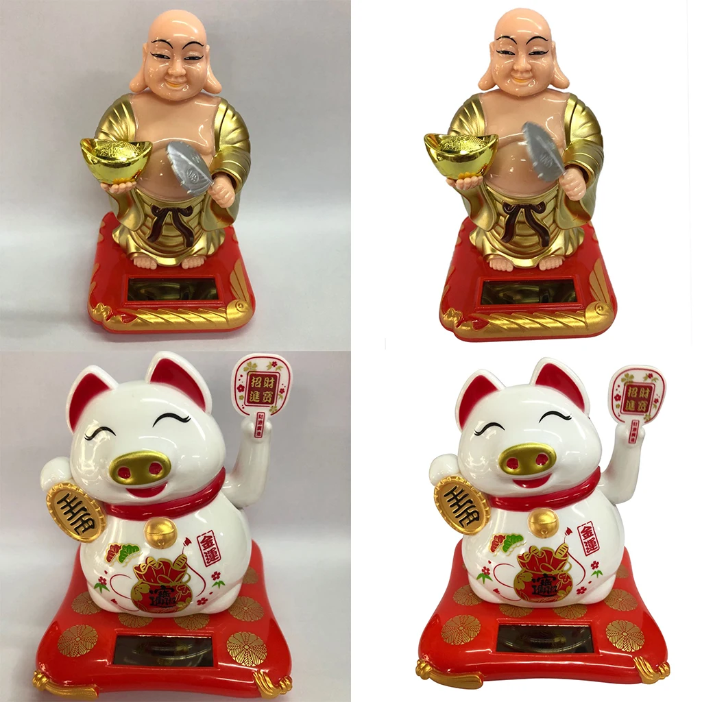 

Solar Powered Buddha &Waving Lucky Pig with Swinging Arm for Car Dashboard/ Shop Store Desktop Decor