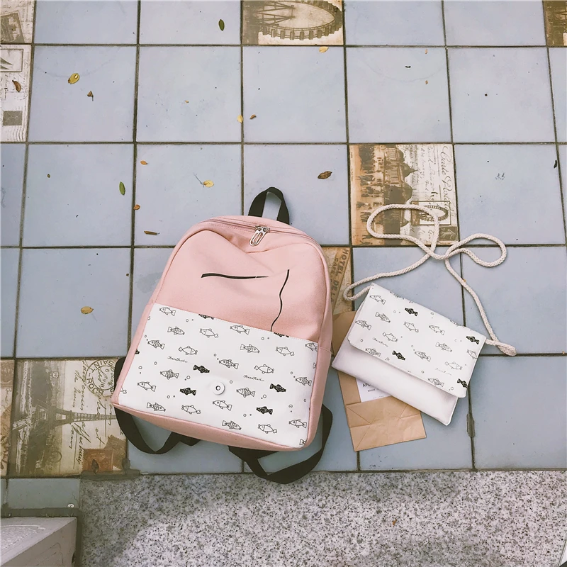 Menghuo 2 Pcsset Women Backpacks Cute Fish School Bag for Teenage Girls Printing Canvas Backpack Ladies Shoulder Bags Mochilas (21)