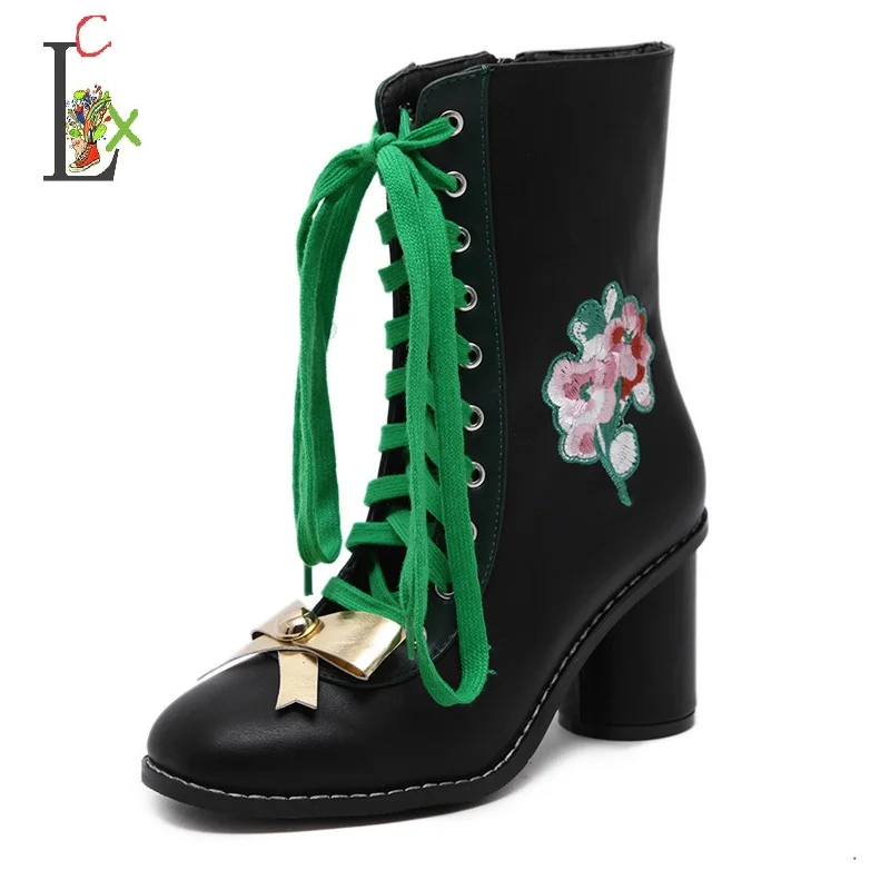 LCX Vivid flowers golden bow thick bandage boots women shoes in Mid