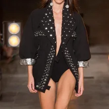 Харадзюку осень зима Black Rock куртки пальто для женщин люксовый бренд заклепки V шеи фонарь рукав Уличная верхняя одежда