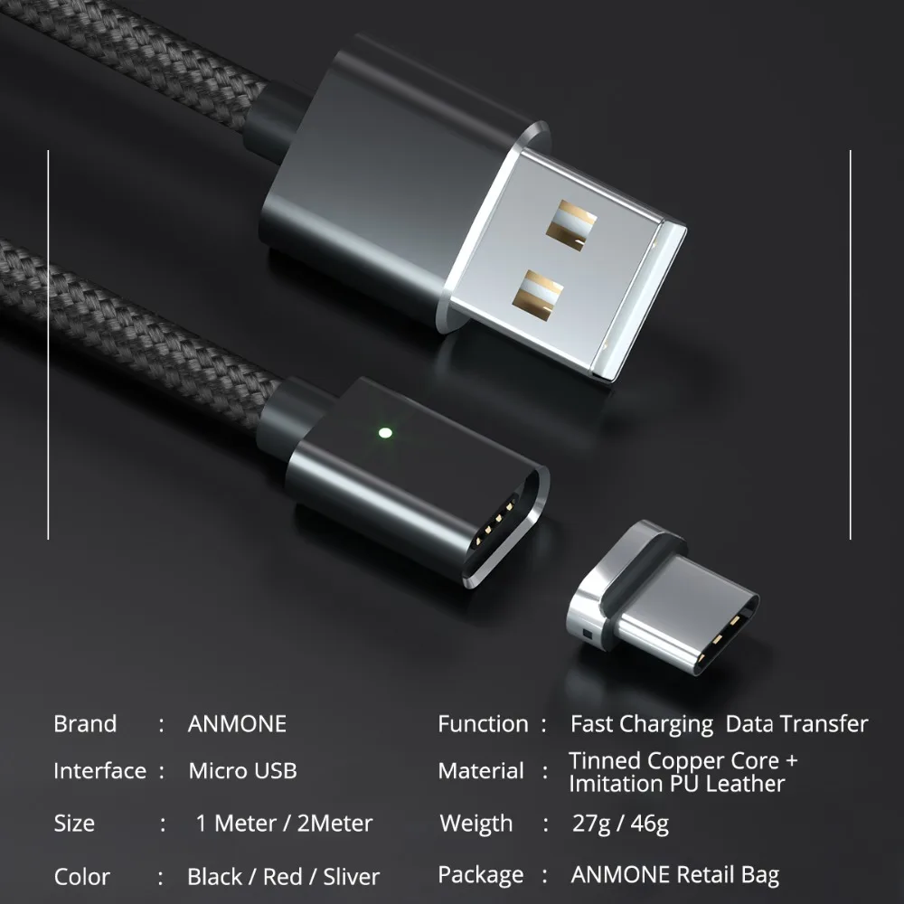 Магнитный кабель ANMONE type-C для быстрой зарядки, кабель USB C, 1 м, 2 м, шнур для передачи данных на базе Android, кабель для быстрой зарядки мобильного телефона, Магнитный провод usb type-C