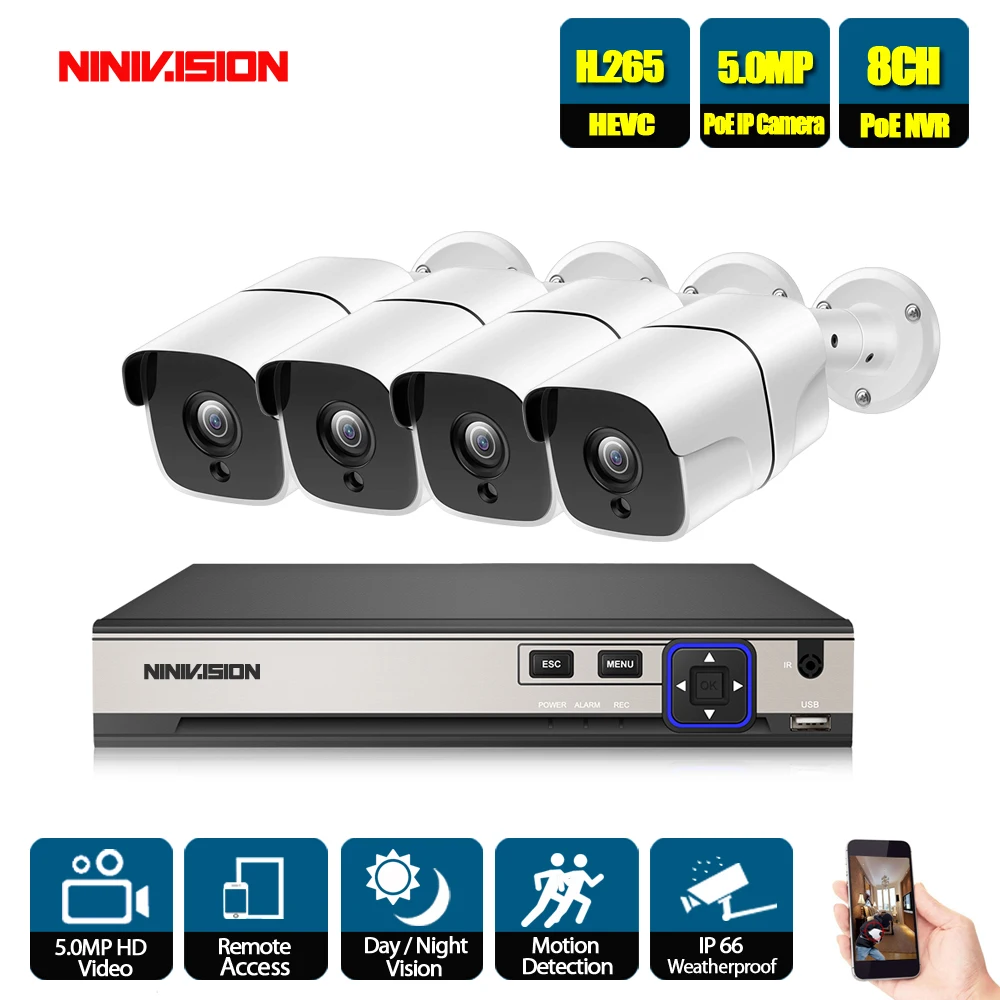  8CH POE seguridad HDD de 2TB NVR 4 piezas POE cámara CCTV SISTEMA DE 5MP de interior al aire libre 