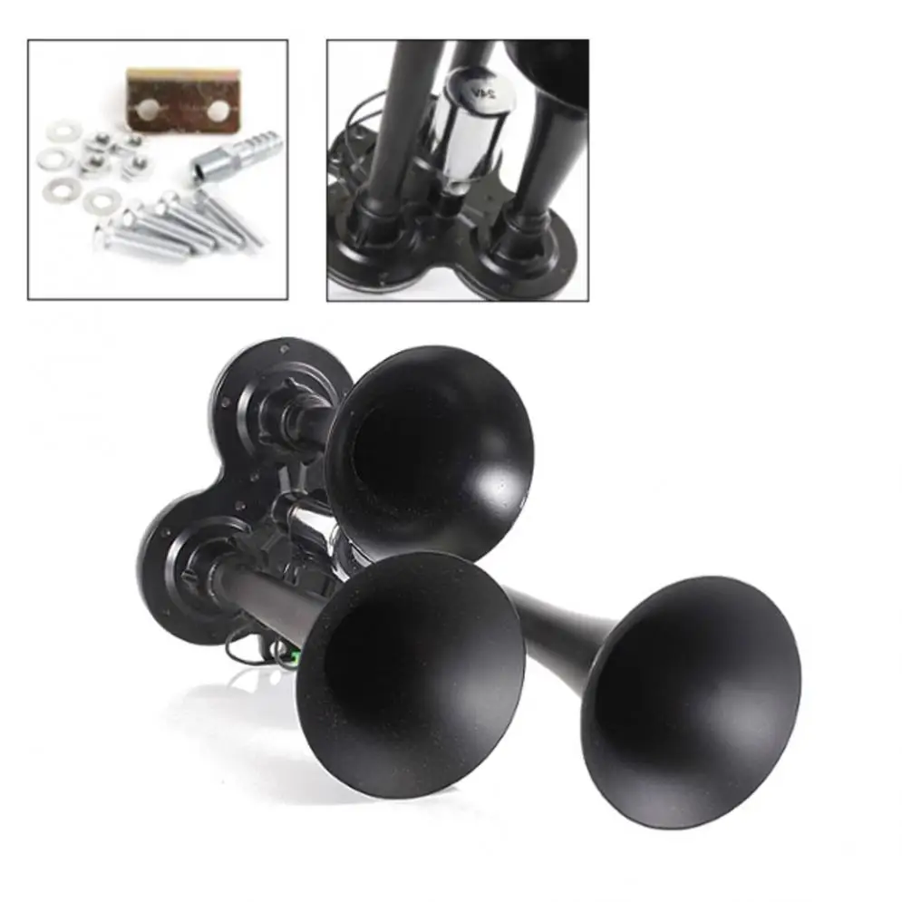 HOT Black Metal 12V/24V 150DB Motorcycle Car Compact Air Horn Kit Triple Trumpet Ultra Loud 3