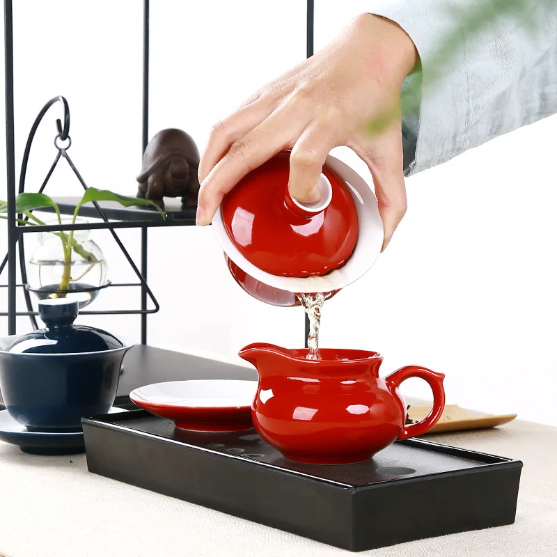 Индиго Глазурь Фарфоровая чайная чашка Tureen Китайская красная крышка чаша