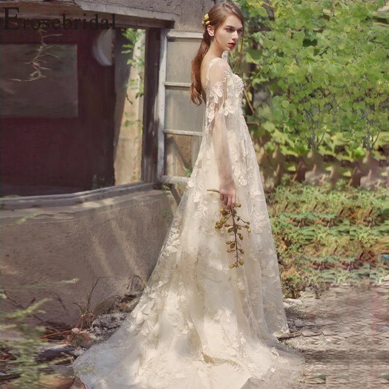 

Erosebridal Open Back Wedding Dress Full Sleeve Wedding Gown Lace Women Bride Dress Vintage Dress New Arrival vestido de noiva