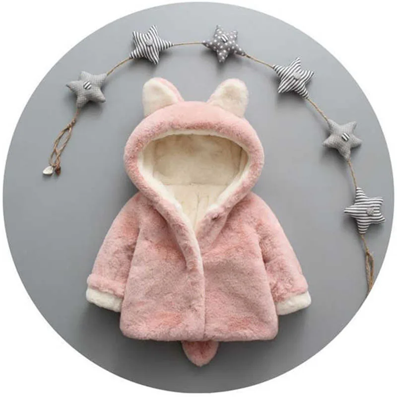 Детские зимние теплые хлопковые толстовки с капюшоном для маленьких девочек; Верхняя одежда с мехом; флисовая Детская куртка; пальто; От 1 до 5 лет; Рождественская куртка для девочек - Цвет: Розовый