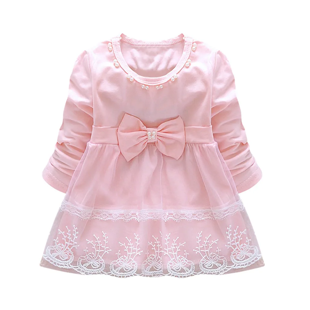 

LONSANT Infant Girls Dress sweet Baby Bowknot Lace Long Sleeve Elegant Princess Dress Toddler Girls solid fashion Dress