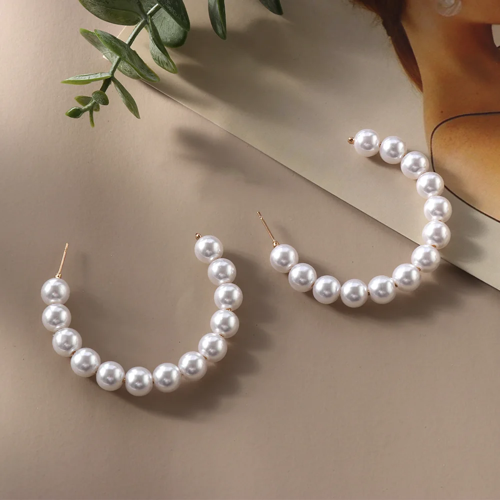 Boho White Imitation Pearl Round Circle Hoop Earrings Women Gold Color Big Earings Korean Jewelry Brincos Statement Earrings