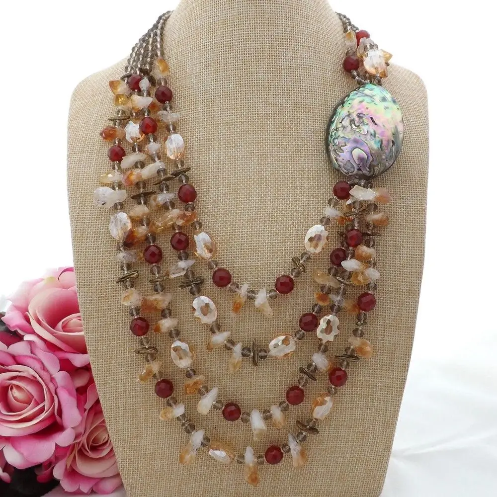 

Women's 23''-30" 4 Rows Abalone Shell Red Gems Rough Necklace