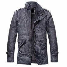 Новое поступление, осенняя и зимняя мужская вымытая винтажная куртка из искусственной кожи со стоячим воротником, средняя длина, флисовая подкладка, куртка и пальто из искусственной кожи