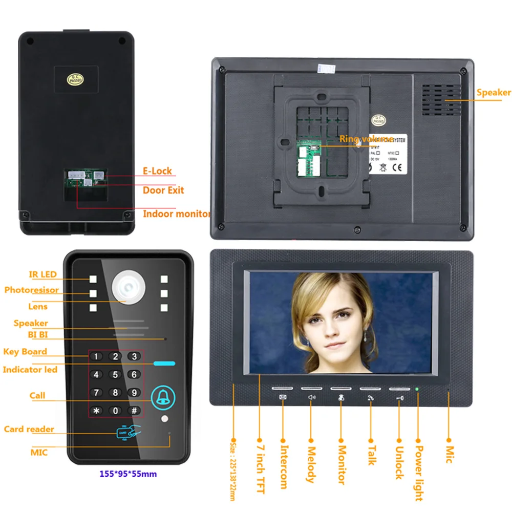7 дюймов 2 Мониторы RFID пароль телефон видео домофон дверные звонки с ИК камера 1000 ТВ линии система контроля доступа