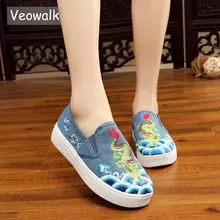 Veowalk/балетки ручной работы с вышивкой китайского дракона на плоской подошве; женская парусиновая обувь без застежки на плоской подошве; женские повседневные Мокасины из джинсовой ткани