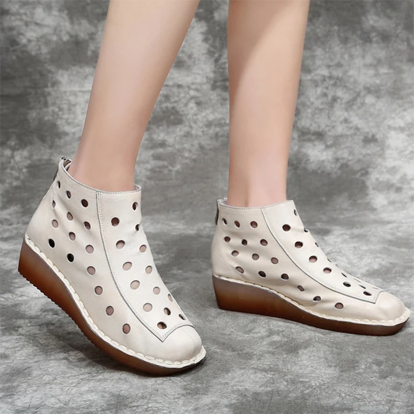 

Retro Style Platform Cow Leather Women Ankle Boots Round Toes black Riding Shoes For Woman Summer Hollow Cool Boots Zip 2019