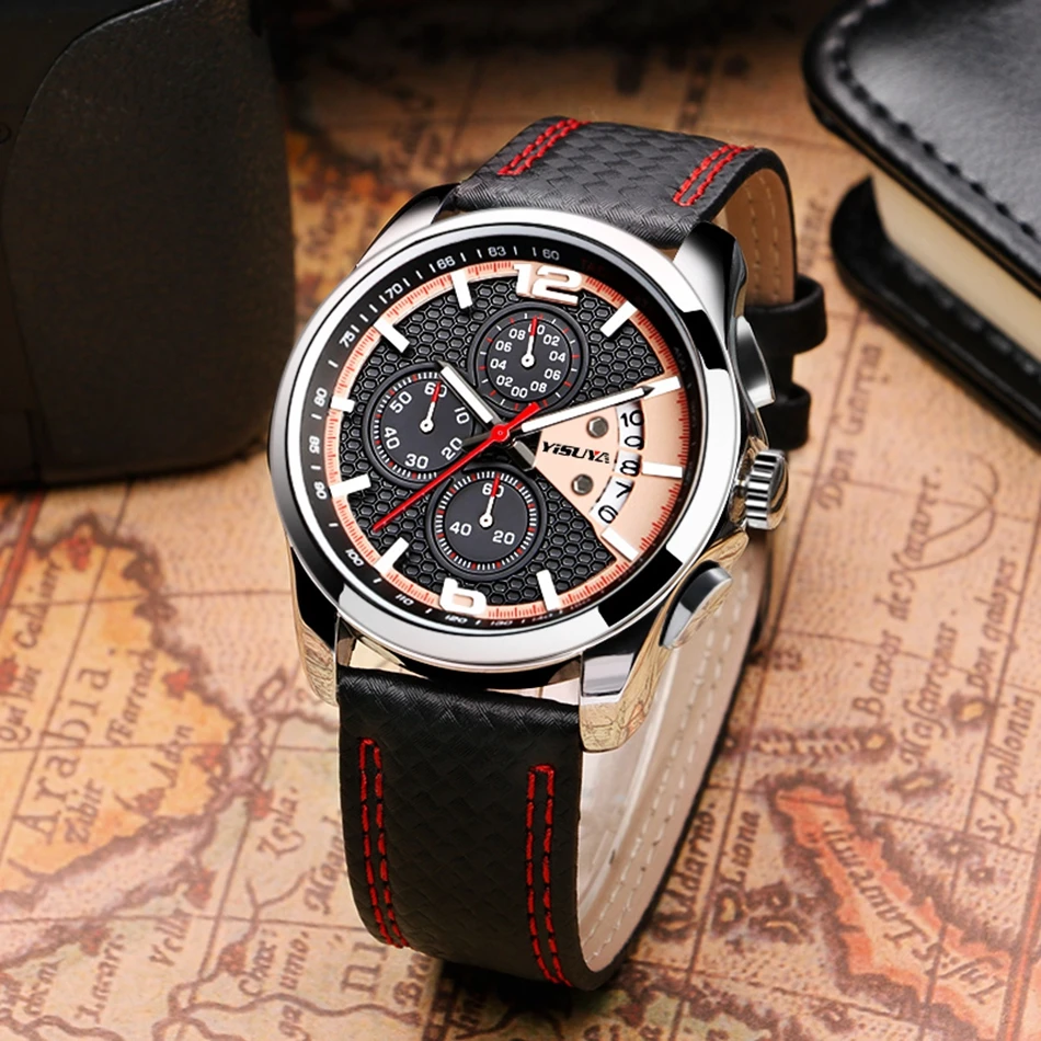 YISUYA Army Aviator Wrist Watch Genuine Leather Band  Analog Daily Water Resistant Cool Date Quartz Chronograph Men Outdoor (1)