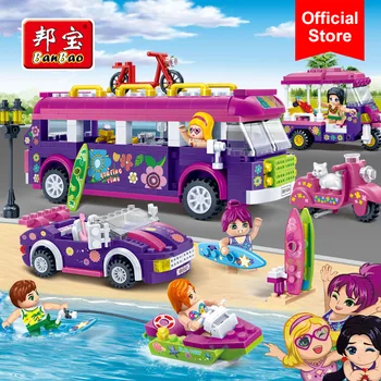 

BanBao Girls Educational Building Blocks Bus Car Yacht Happy Journey Seaside Holiday Model Toy Children Kids Friend Bricks 6137